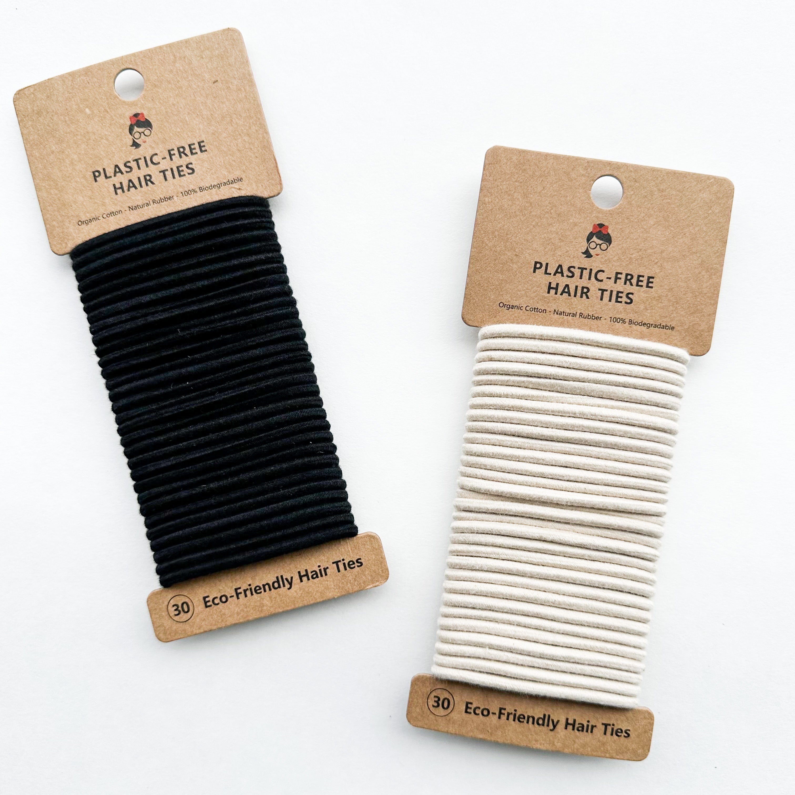 Organic Biodegradable Plastic Free Hair Ties - Zero Waste Eco Friendly Reusable Natural Cotton Hair Ties - Sustainable Living - Pack of 30